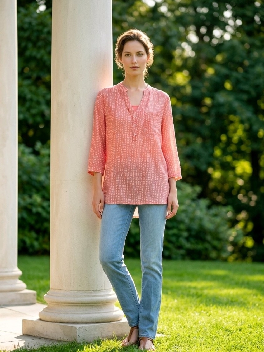 Charlie B Coral White Printed Cotton Gauze Popover Blouse Tunic Medium